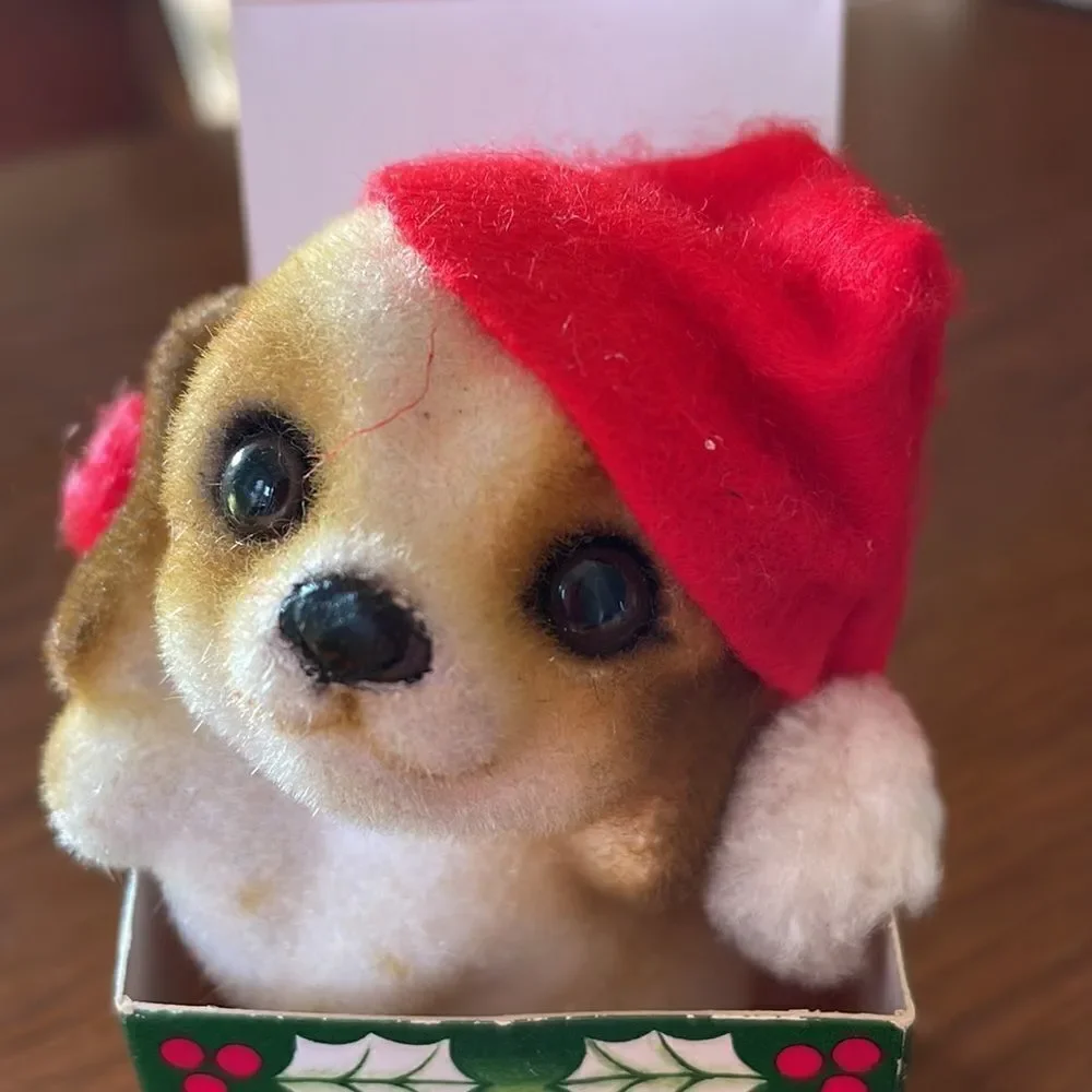 Vtg Josef Original puppy in Santa‎ hat coming out of Christmas box